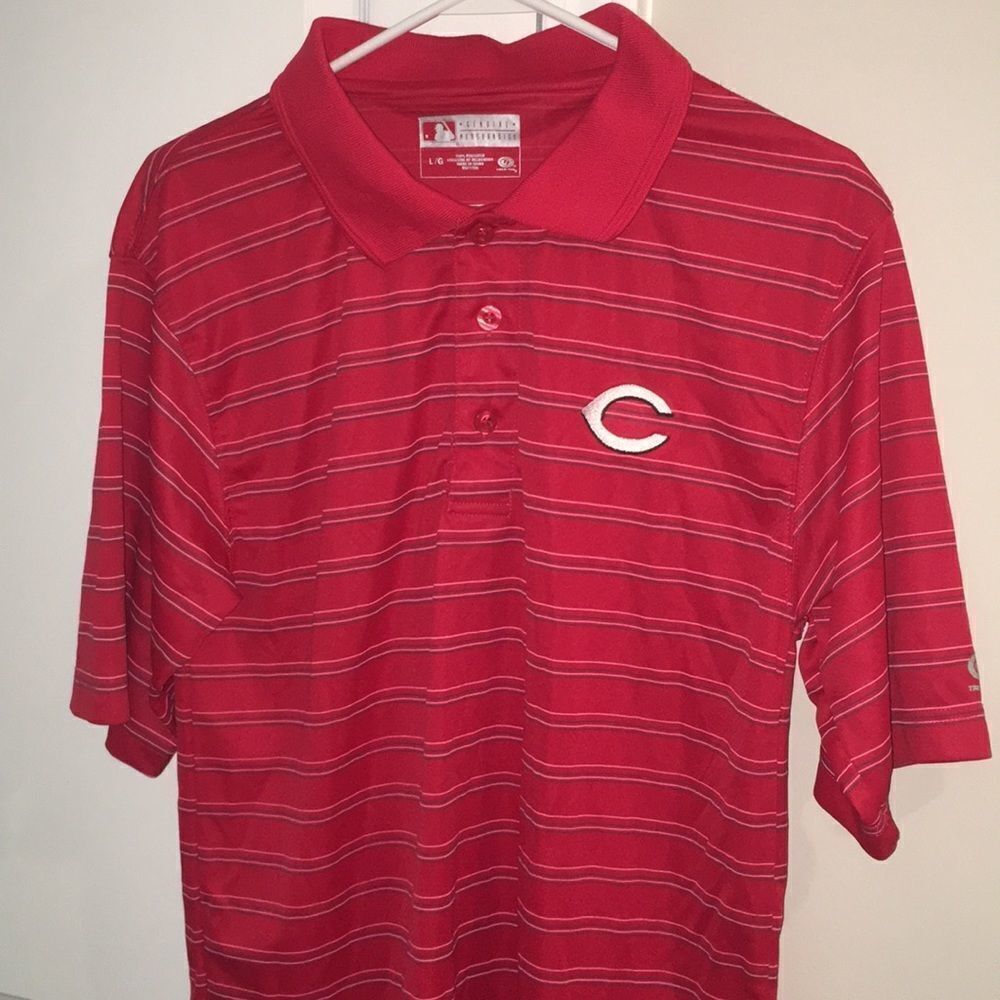 Mens Cincinnati Reds Red white Stripe Baseball Golf polo shirt L slim fit M